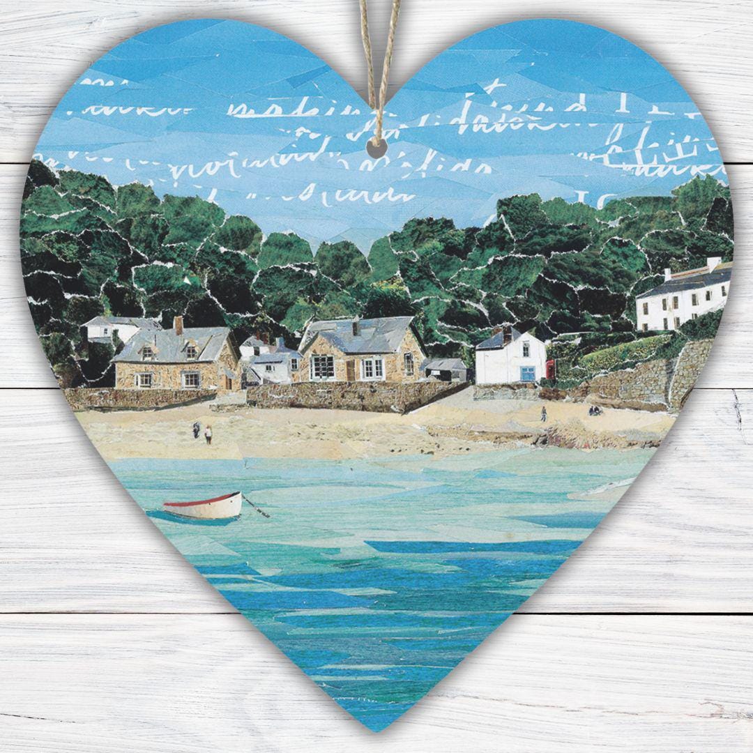 Durgan Cornwall Hanging Heart – Coastal Village Collage Art on Double Sided Wood with String – Keepsake Gift Inspired by Helford River