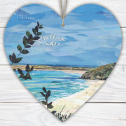 Carbis Bay Cornwall Hanging Heart – Seaside Collage Art on Double Sided Wood with String – Handmade Beach Keepsake Gift from St Ives Coast