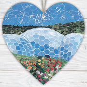The Eden Project Biomes Hanging Heart – Cornwall Collage Art on Double Sided Wood with String – Handmade Botanical Landmark Keepsake Gift