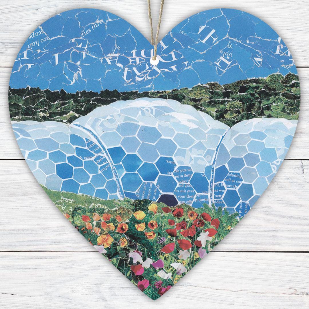 The Eden Project Biomes Hanging Heart – Cornwall Collage Art on Double Sided Wood with String – Handmade Botanical Landmark Keepsake Gift