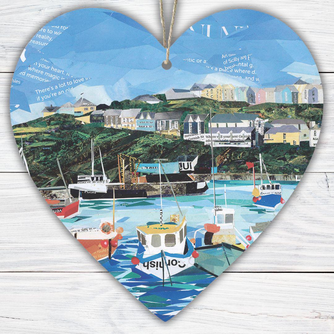 Mevagissey Cornwall Hanging Heart – Harbour Village Collage Art on Double Sided Wood with String – Handmade Coastal Keepsake Gift
