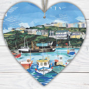 Mevagissey Cornwall Hanging Heart – Harbour Village Collage Art on Double Sided Wood with String – Handmade Coastal Keepsake Gift