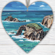Enys Dodnan Cornwall Hanging Heart – Coastal Rock Arch Collage Art on Double Sided Wood with String – Clifftop Landmark Keepsake Gift