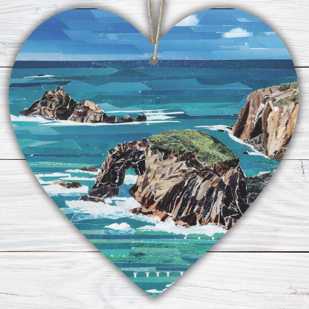 Enys Dodnan Cornwall Hanging Heart – Coastal Rock Arch Collage Art on Double Sided Wood with String – Clifftop Landmark Keepsake Gift