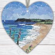 Gylly Beach Falmouth Hanging Heart – Coastal Collage Art on Double Sided Wood with String – Handmade Cornish Seaside Keepsake Gift