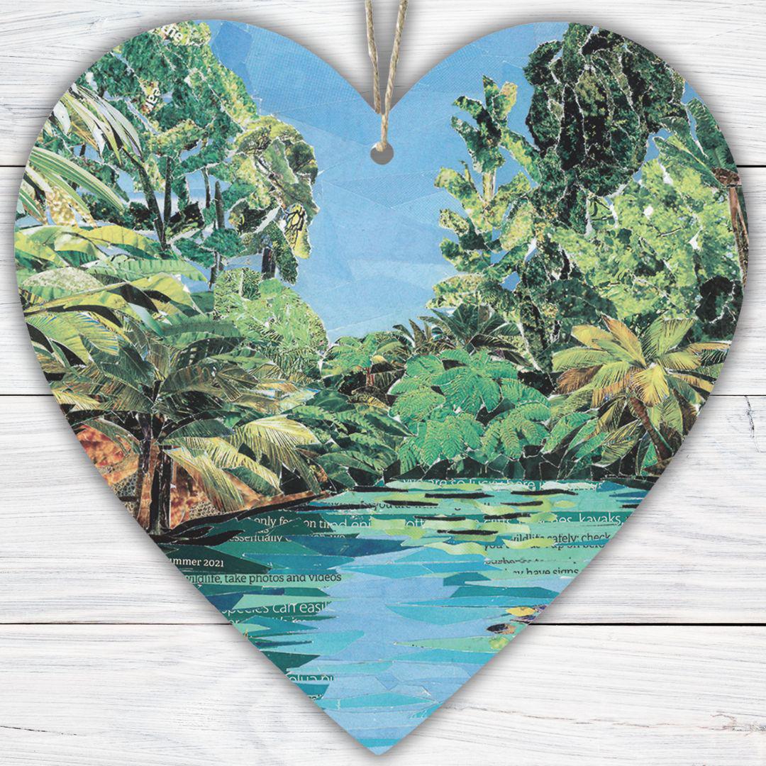 Lost Gardens of Heligan Jungle Hanging Heart – Tropical Garden Collage Art on Double Sided Wood with String – Botanical Gift from Cornwall