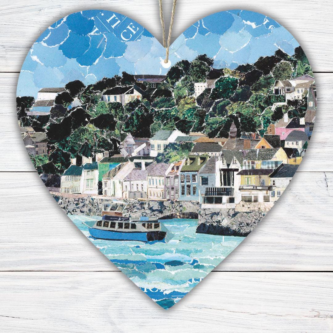 St Mawes Cornwall Hanging Heart – Coastal Village Collage Art on Double Sided Wood with String – Handmade Roseland Keepsake Gift