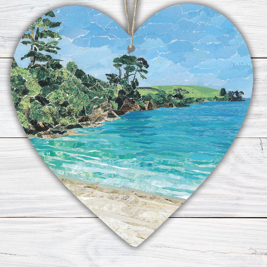 Grebe Beach Cornwall Hanging Heart – Riverside Collage Art on Double Sided Wood with String – Handmade Peaceful Cove Keepsake Gift