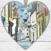 Fowey Hanging Heart – Collage Art of Cornwall on Double Sided Wood with String – Handmade Coastal Village Keepsake Gift