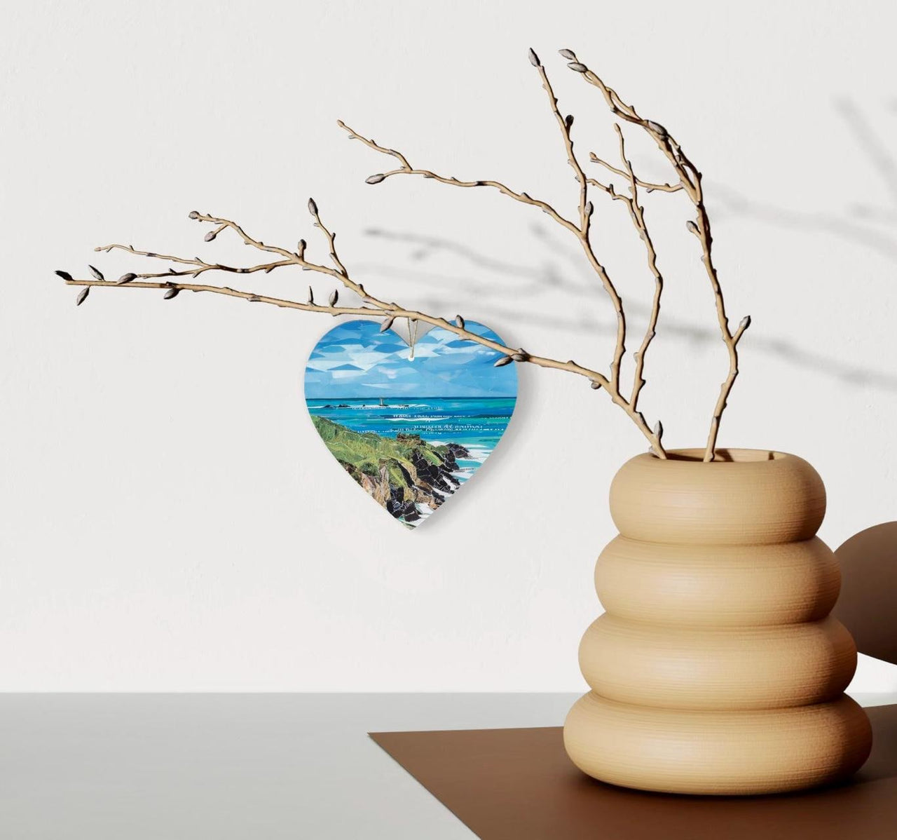 Land’s End Cornwall Hanging Heart – Coastal Landscape Collage Art on Double Sided Wood with String – Handmade Scenic Clifftop Keepsake Gift