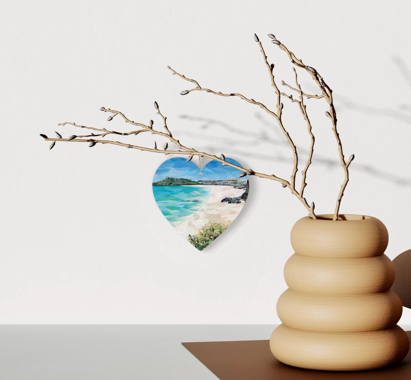 Porthmeor Beach St Ives Hanging Heart – Seaside Collage Art Print on Double Sided Wood with String – Handmade Cornish Coastal Keepsake Gift