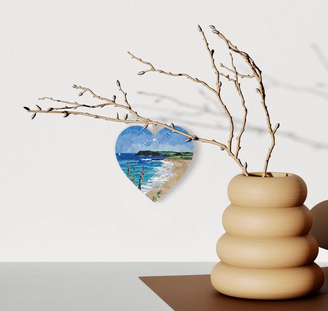 Gylly Beach Falmouth Hanging Heart – Coastal Collage Art on Double Sided Wood with String – Handmade Cornish Seaside Keepsake Gift