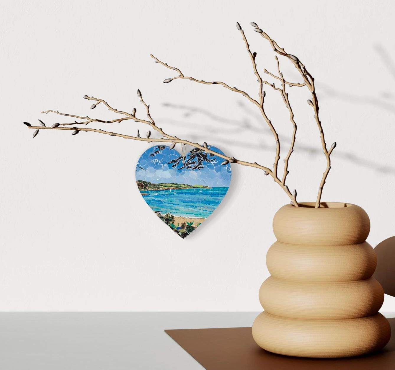 Trebah Beach Hanging Heart – Coastal Garden Collage Art from Cornwall on Double Sided Wood with String – Handmade Seaside Keepsake Gift