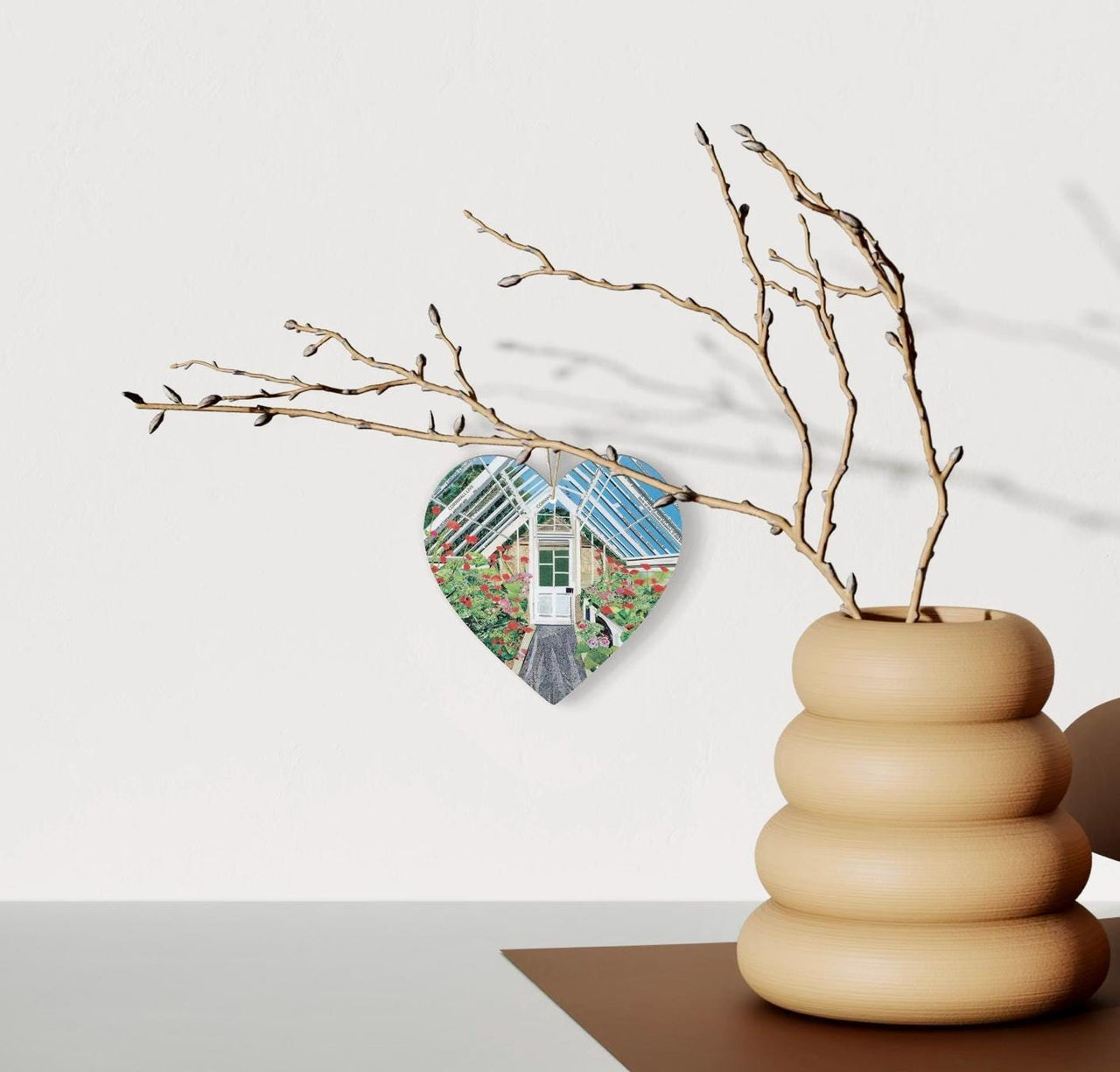 Lost Gardens of Heligan Greenhouse Hanging Heart – Botanical Collage Art on Double Sided Wood with String – Garden Gift from Cornwall