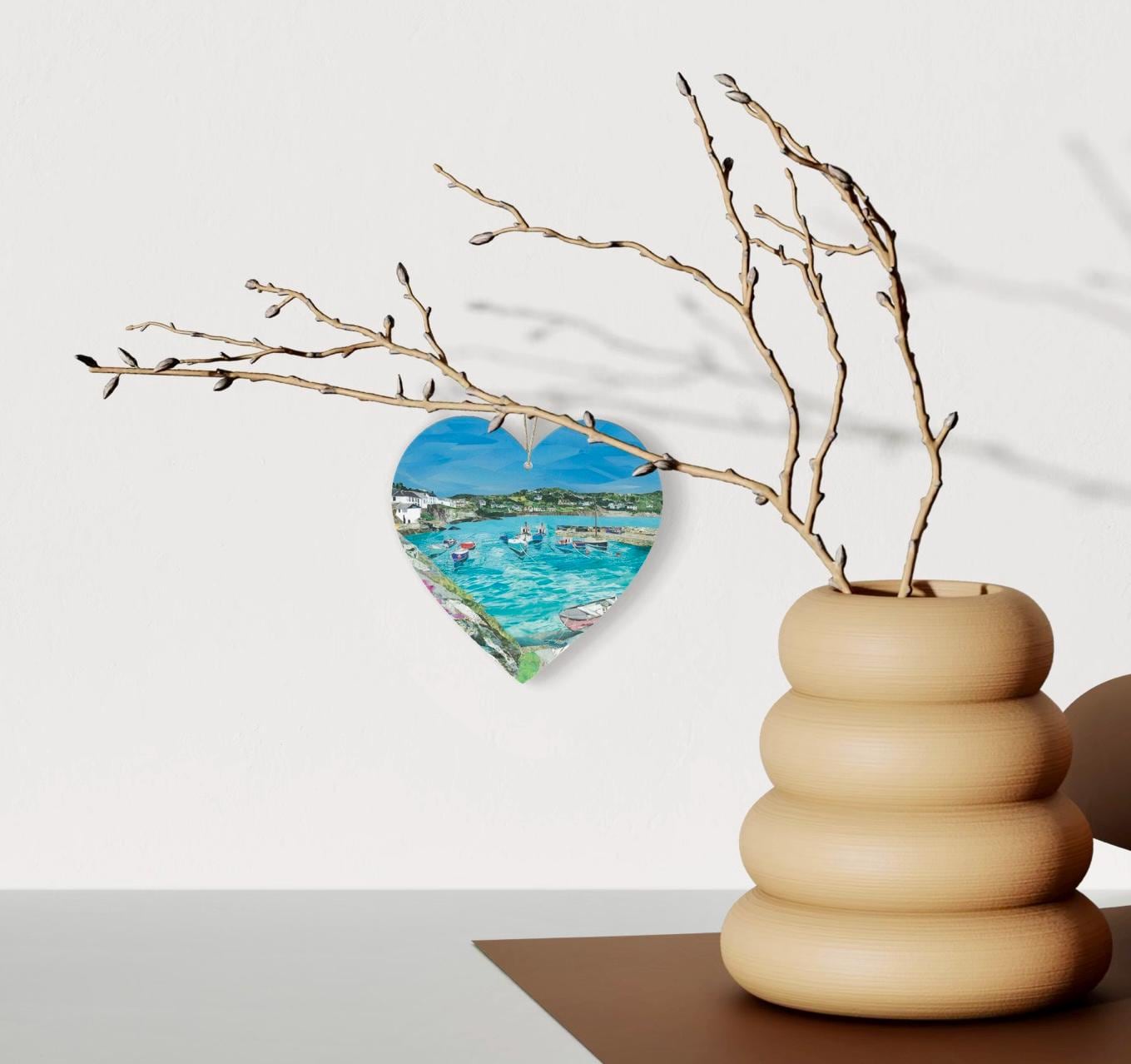 Coverack Cornwall Hanging Heart – Coastal Village Collage Art on Double Sided Wood with String – Handmade Seaside Keepsake Gift