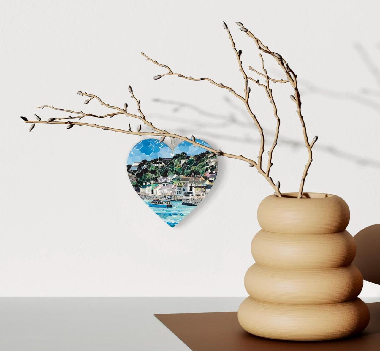 St Mawes Cornwall Hanging Heart – Coastal Village Collage Art on Double Sided Wood with String – Handmade Roseland Keepsake Gift