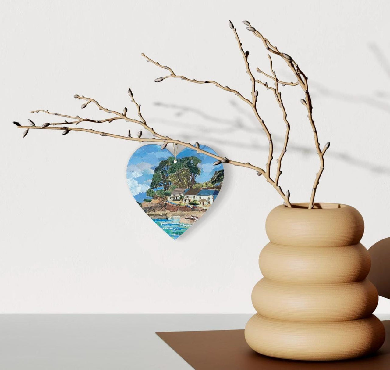 Helford Passage Cornwall Hanging Heart – Riverside Collage Art on Double Sided Wood with String – Handmade Coastal Village Keepsake Gift