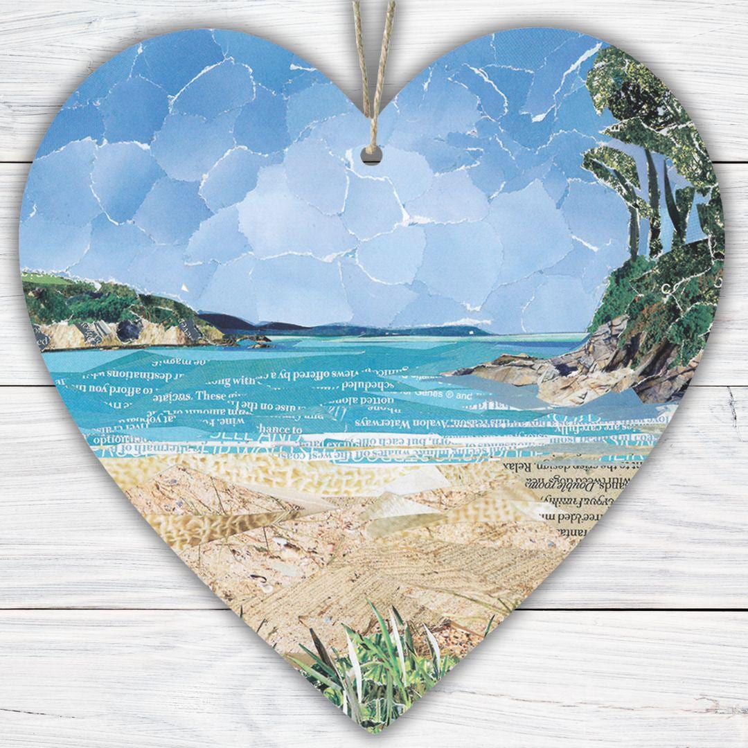 Maenporth Beach Hanging Heart - Cornish Coast Collage Art on Double Sided Wood with String - Seaside Keepsake Gift for Beach Lovers