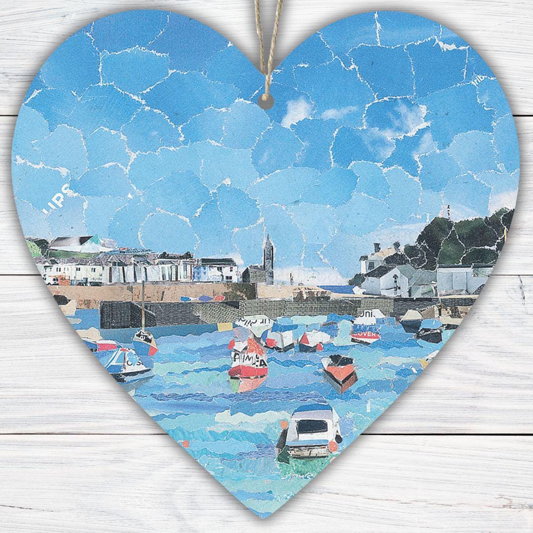 Porthleven Cornwall Hanging Heart – Harbour Town Collage Art on Double Sided Wood with String – Handmade Seaside Keepsake Gift