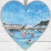 Porthleven Cornwall Hanging Heart – Harbour Town Collage Art on Double Sided Wood with String – Handmade Seaside Keepsake Gift