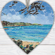 Trebah Beach Hanging Heart – Coastal Garden Collage Art from Cornwall on Double Sided Wood with String – Handmade Seaside Keepsake Gift
