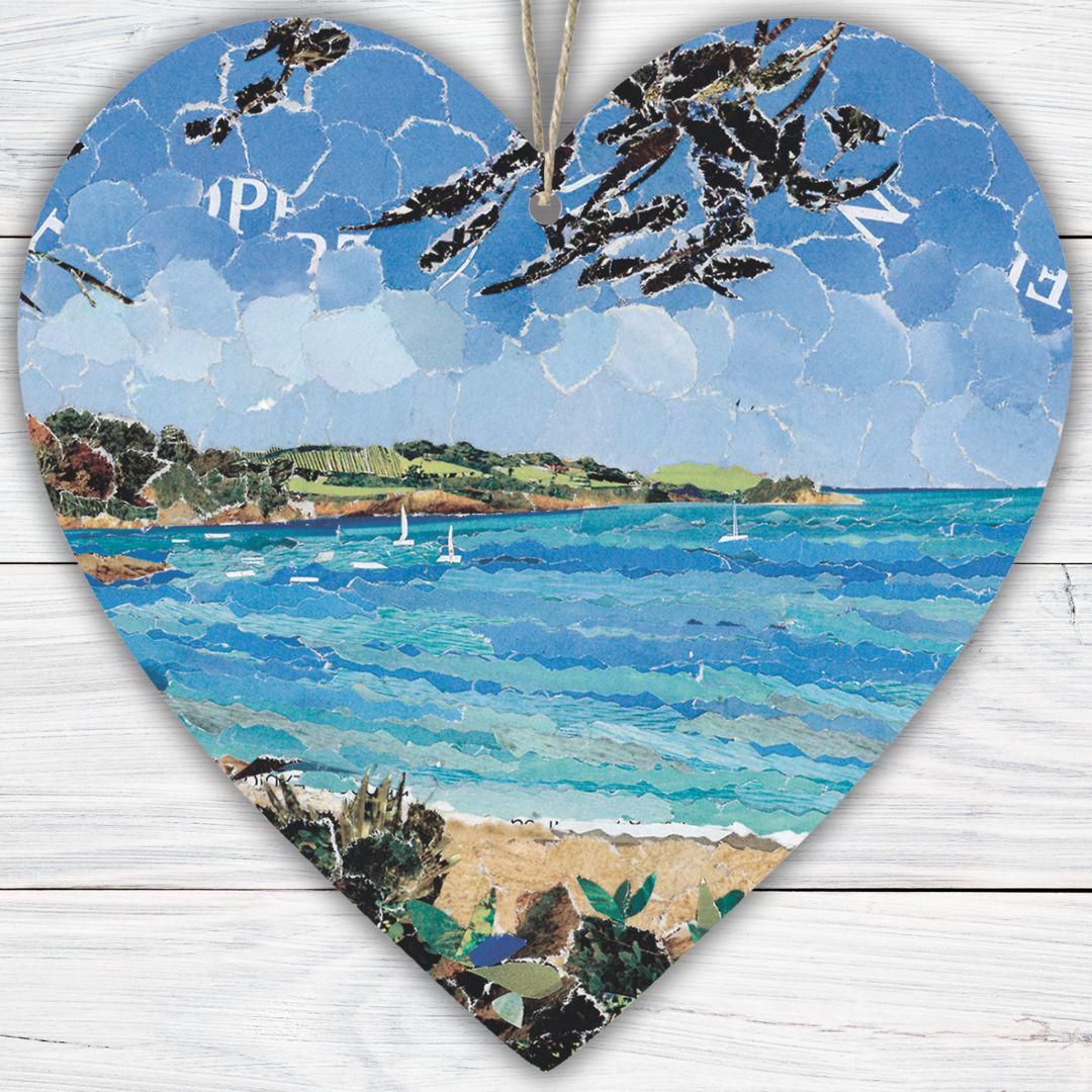 Trebah Beach Hanging Heart – Coastal Garden Collage Art from Cornwall on Double Sided Wood with String – Handmade Seaside Keepsake Gift
