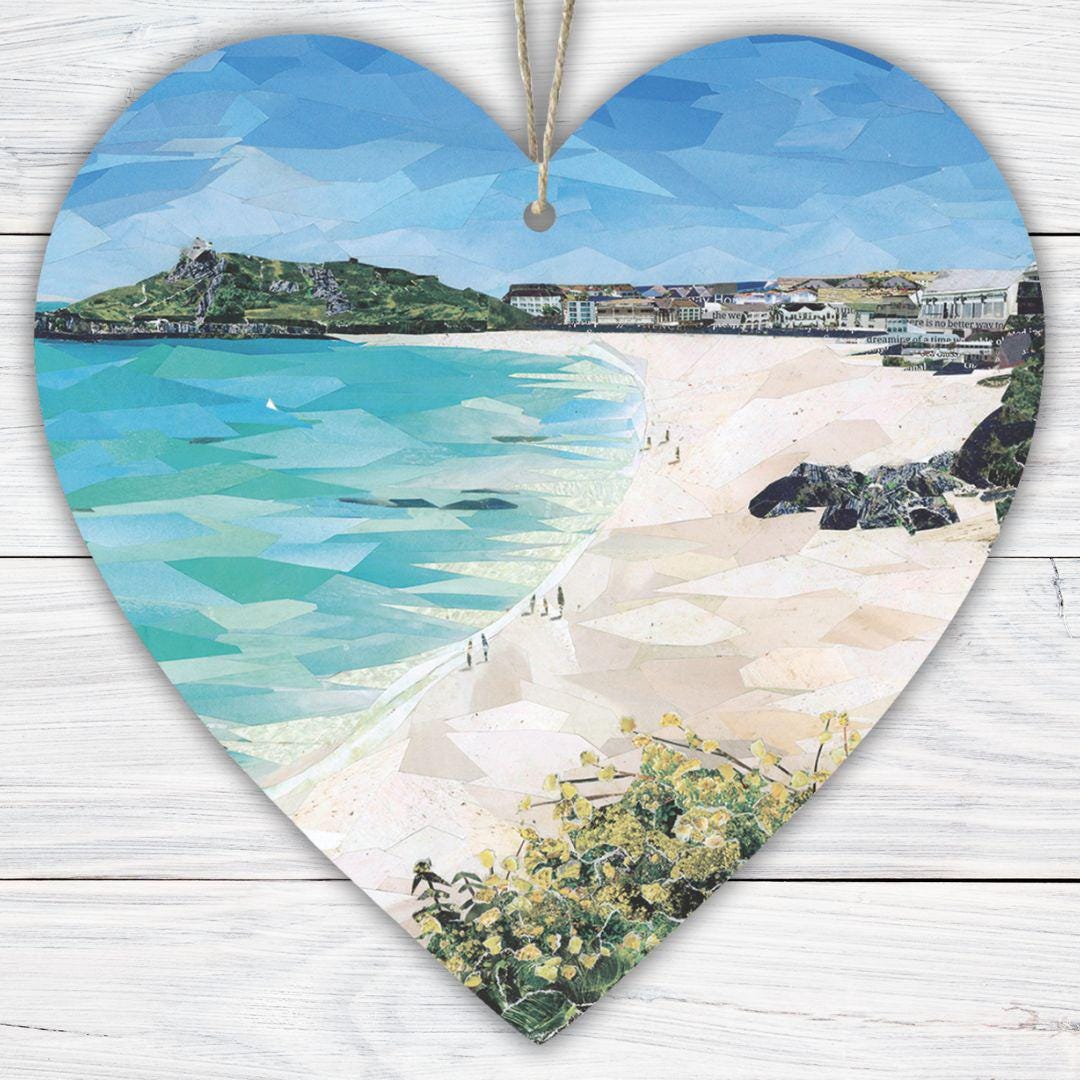 Porthmeor Beach St Ives Hanging Heart – Seaside Collage Art Print on Double Sided Wood with String – Handmade Cornish Coastal Keepsake Gift