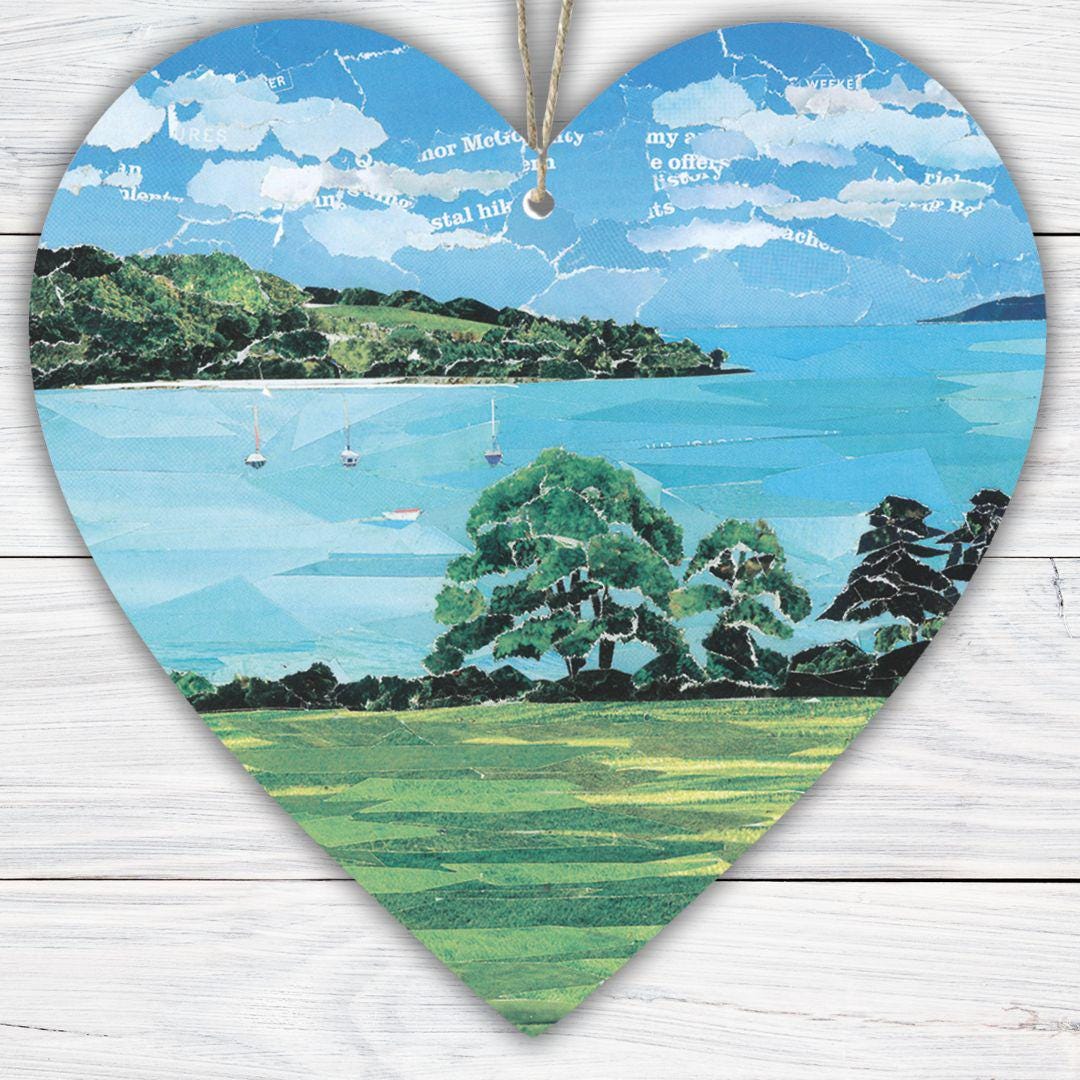 Fal Estuary from Trelissick Hanging Heart – Cornish Landscape Collage on Double Sided Wood with String – Handmade Estuary View Keepsake Gift