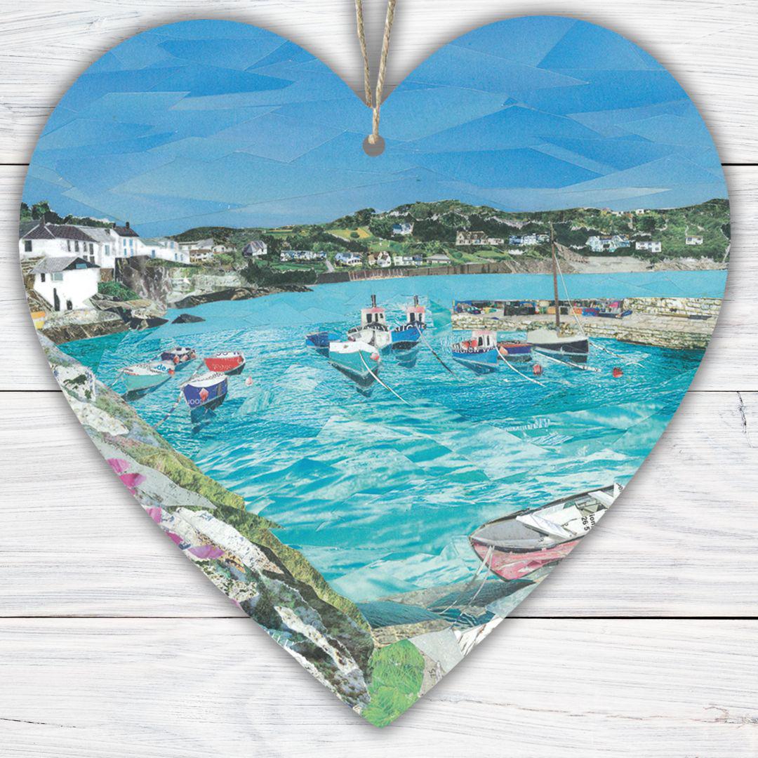 Coverack Cornwall Hanging Heart – Coastal Village Collage Art on Double Sided Wood with String – Handmade Seaside Keepsake Gift