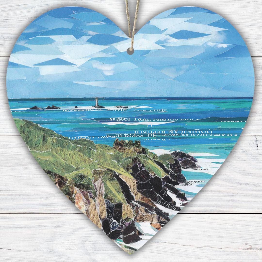 Land’s End Cornwall Hanging Heart – Coastal Landscape Collage Art on Double Sided Wood with String – Handmade Scenic Clifftop Keepsake Gift