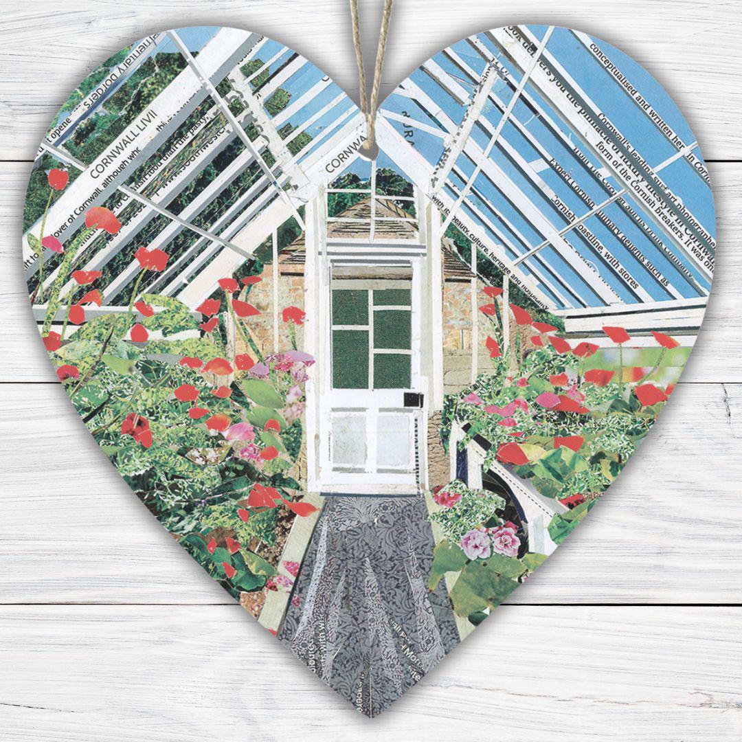 Lost Gardens of Heligan Greenhouse Hanging Heart – Botanical Collage Art on Double Sided Wood with String – Garden Gift from Cornwall