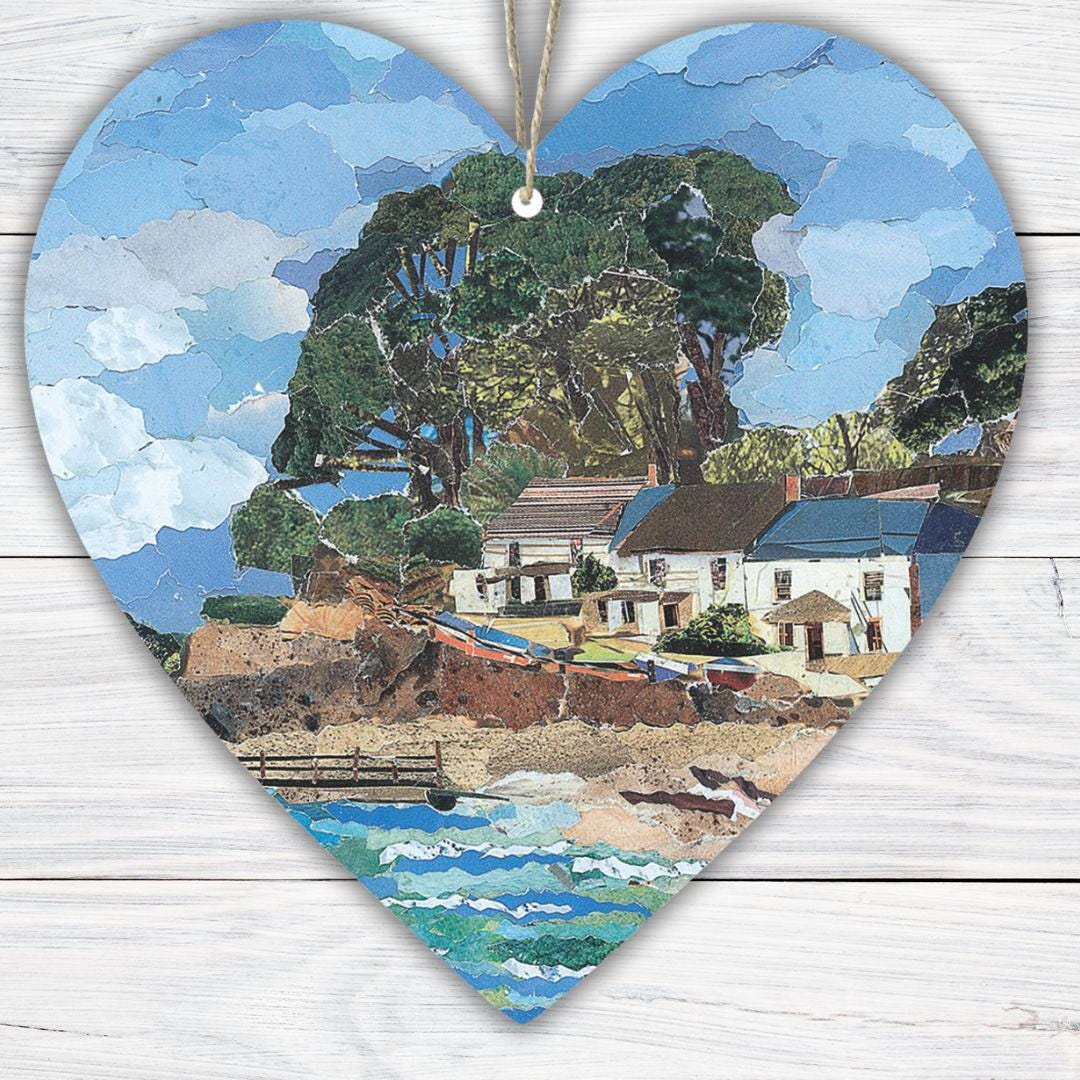 Helford Passage Cornwall Hanging Heart – Riverside Collage Art on Double Sided Wood with String – Handmade Coastal Village Keepsake Gift