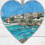 Port Isaac Cornwall Hanging Heart – Coastal Village Collage Art on Double Sided Wood with String – Handmade Seaside Keepsake Gift