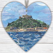 St Michael’s Mount Hanging Heart – Cornish Landmark Collage Art on Double Sided Wood with String – Handmade Seaside Keepsake Gift