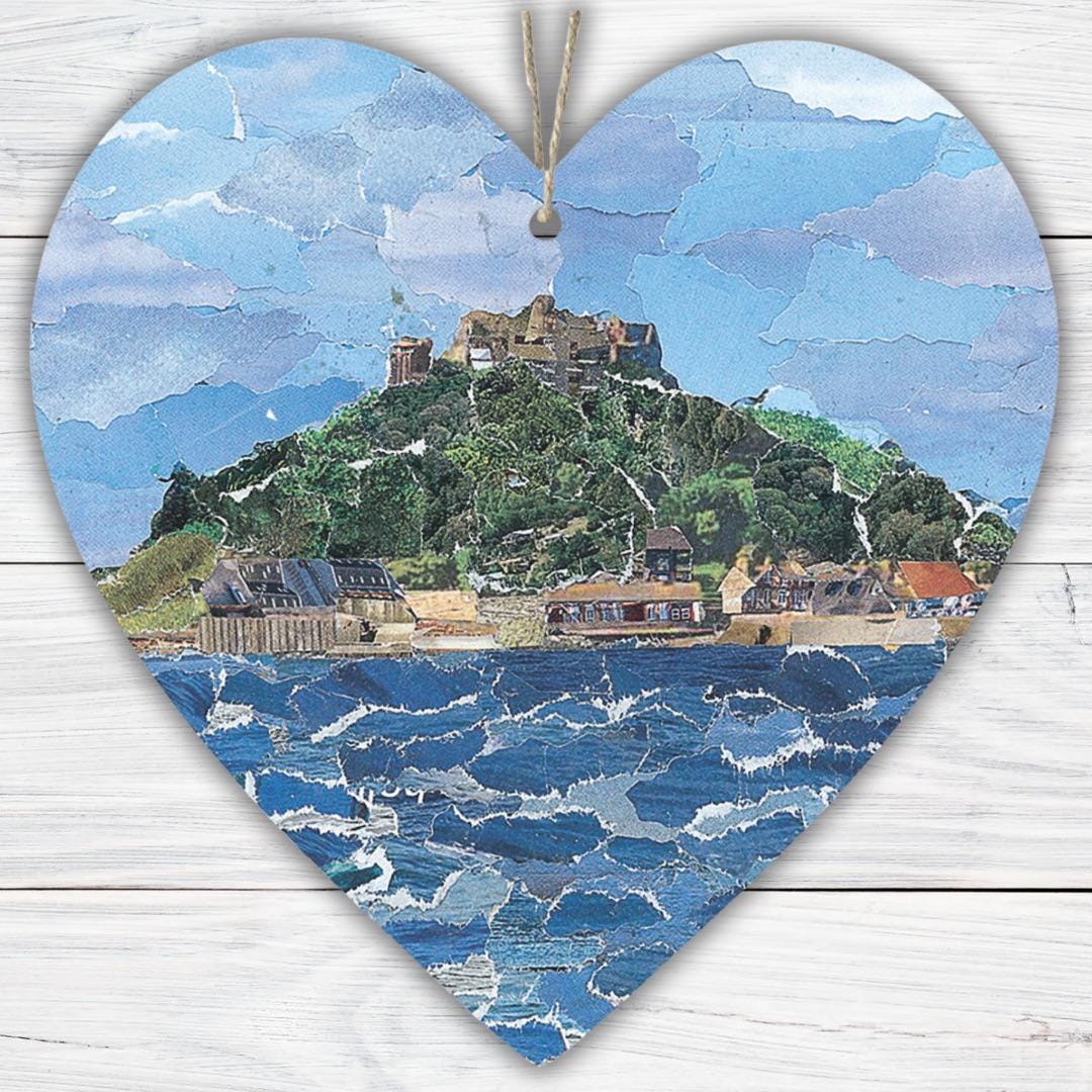 St Michael’s Mount Hanging Heart – Cornish Landmark Collage Art on Double Sided Wood with String – Handmade Seaside Keepsake Gift