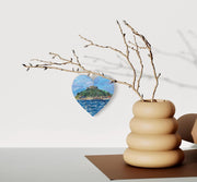 St Michael’s Mount Hanging Heart – Cornish Landmark Collage Art on Double Sided Wood with String – Handmade Seaside Keepsake Gift