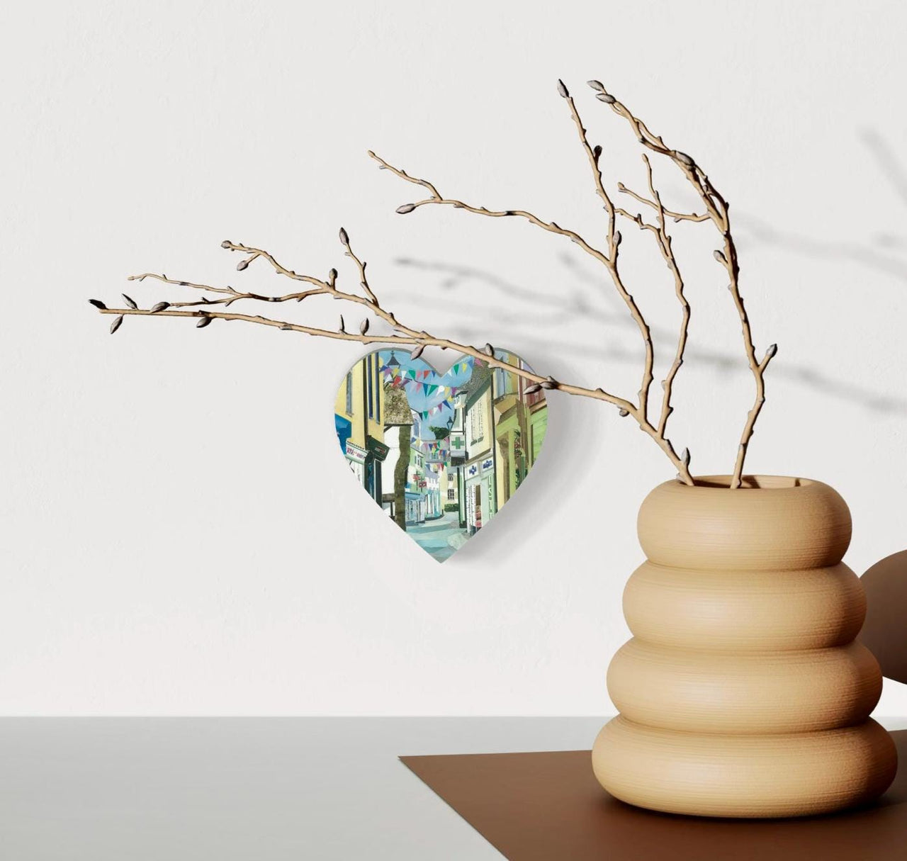 Fowey Hanging Heart – Collage Art of Cornwall on Double Sided Wood with String – Handmade Coastal Village Keepsake Gift