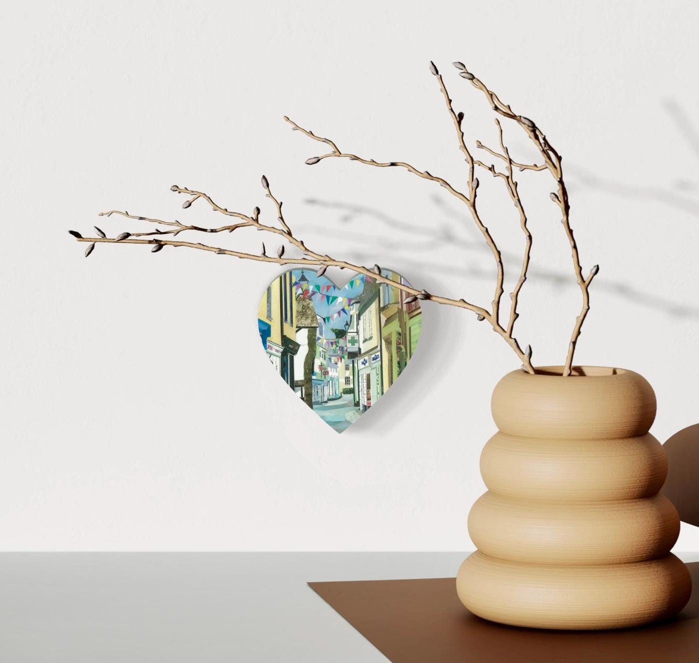 Fowey Hanging Heart – Collage Art of Cornwall on Double Sided Wood with String – Handmade Coastal Village Keepsake Gift