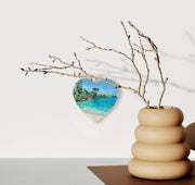 Grebe Beach Cornwall Hanging Heart – Riverside Collage Art on Double Sided Wood with String – Handmade Peaceful Cove Keepsake Gift