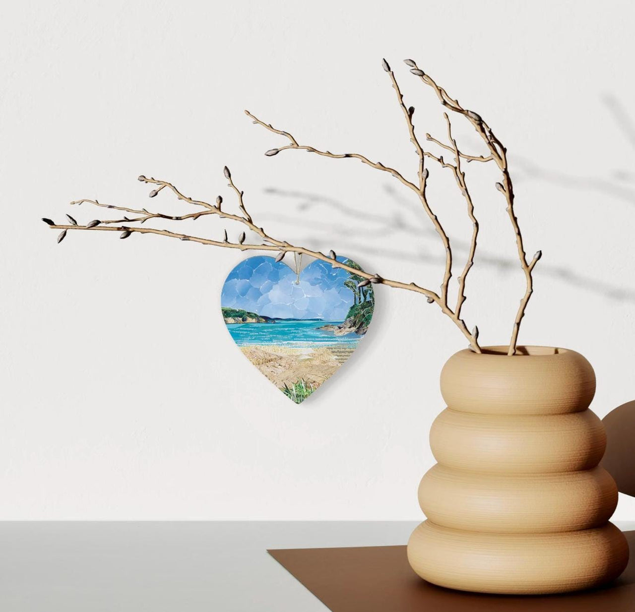 Maenporth Beach Hanging Heart - Cornish Coast Collage Art on Double Sided Wood with String - Seaside Keepsake Gift for Beach Lovers