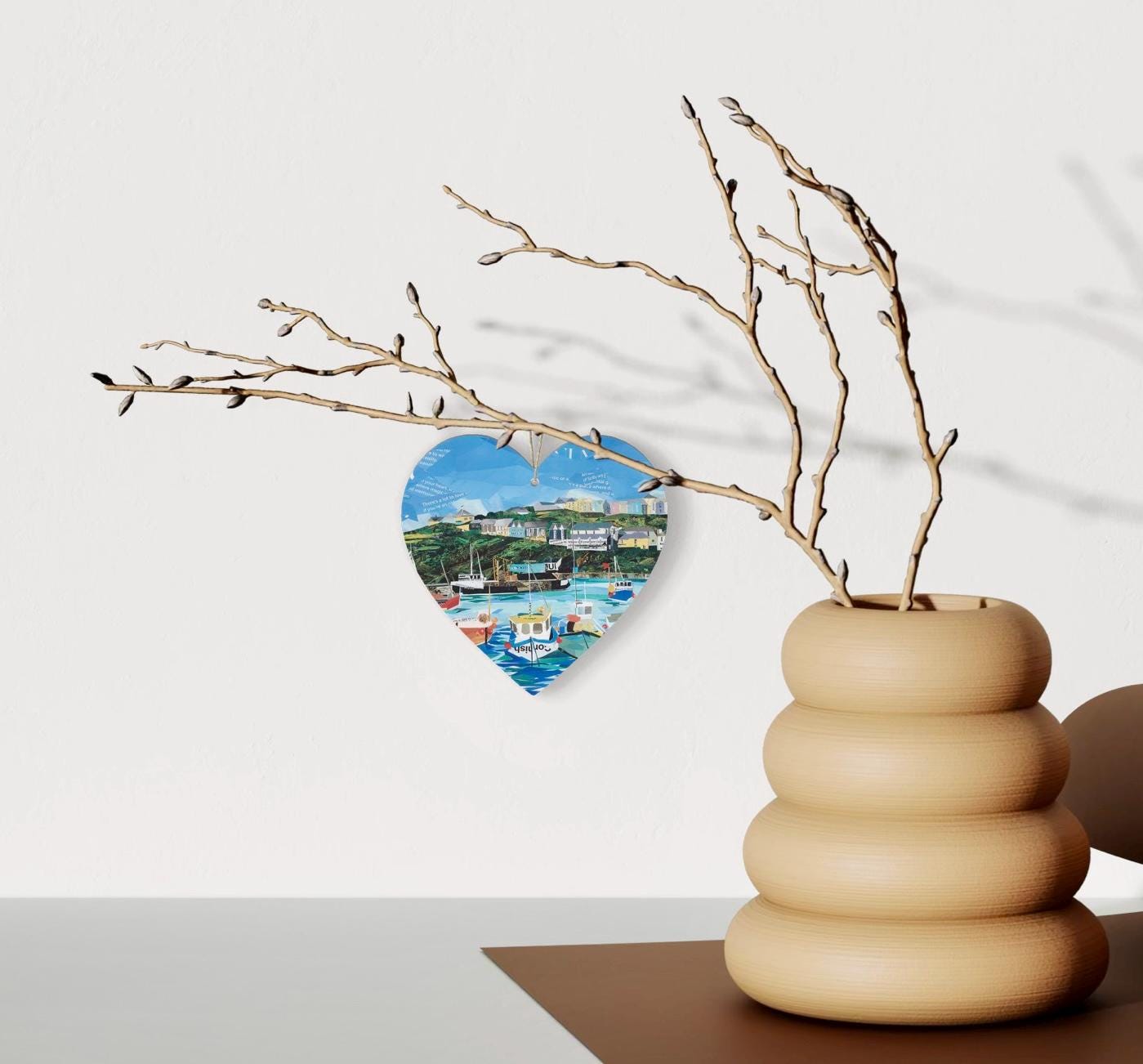 Mevagissey Cornwall Hanging Heart – Harbour Village Collage Art on Double Sided Wood with String – Handmade Coastal Keepsake Gift