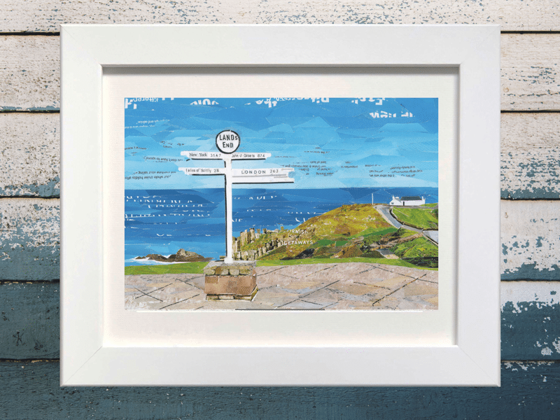 Signpost Land’s End, Cornwall, Paper Collage Print.