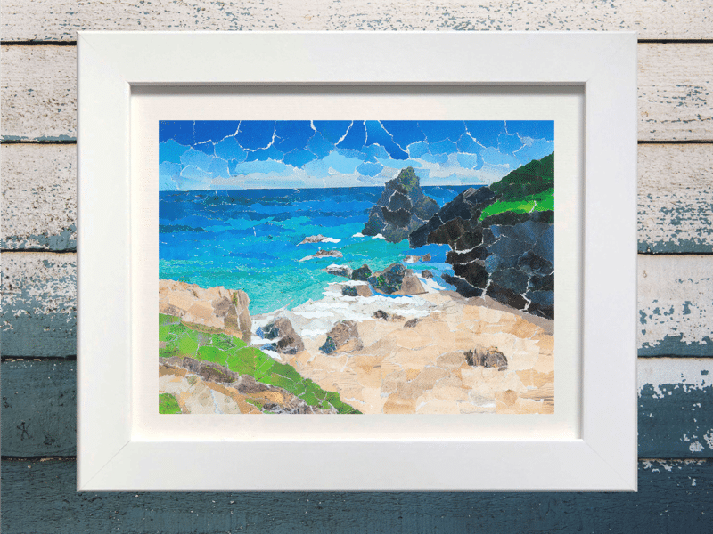 Kynance Cove, Cornwall, Paper Collage Art Print.