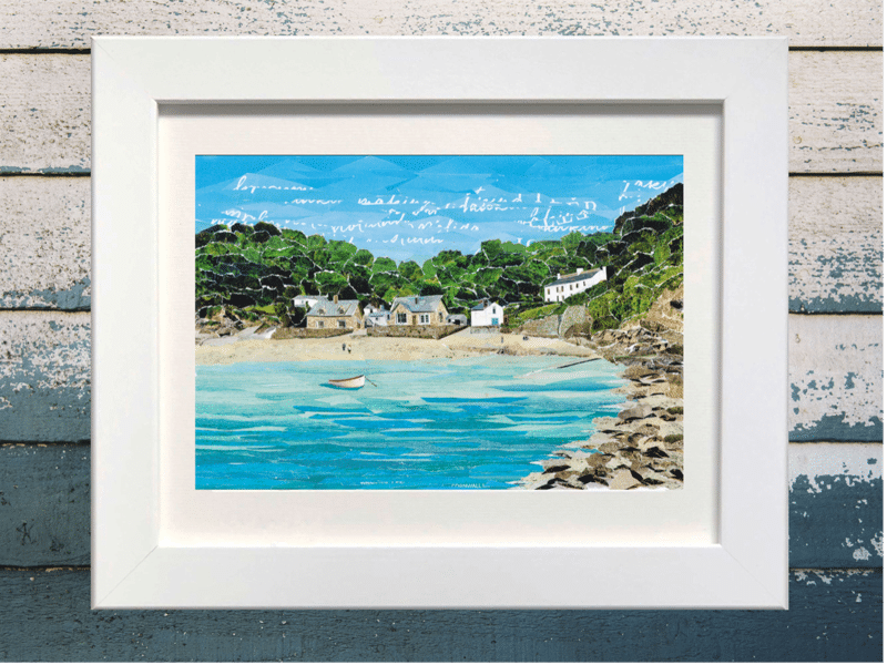 Durgan Helford River collage art print by Junk Mail Art displayed in a white wooden frame