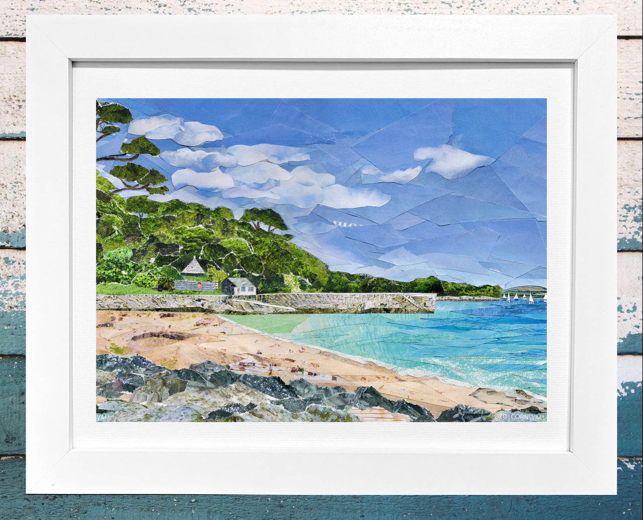 Flushing Beach, Cornwall, Collage Art Print.