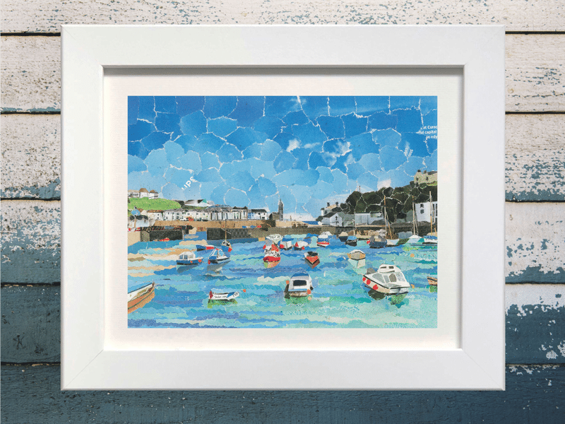 Porthleven Harbour, Cornwall, Collage Print.