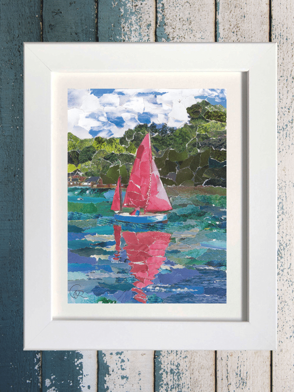 Red Sails on the Helford, Cornwall, Collage Print.