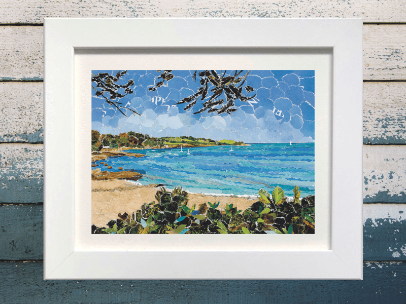 Trebah Beach, Helford River, Cornwall, Collage Print.