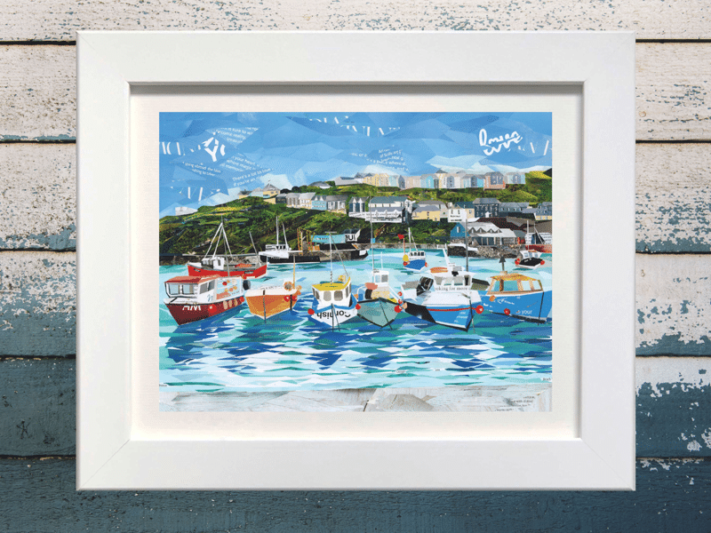 Mevagissey Harbour, Cornwall, Paper Collage Print.