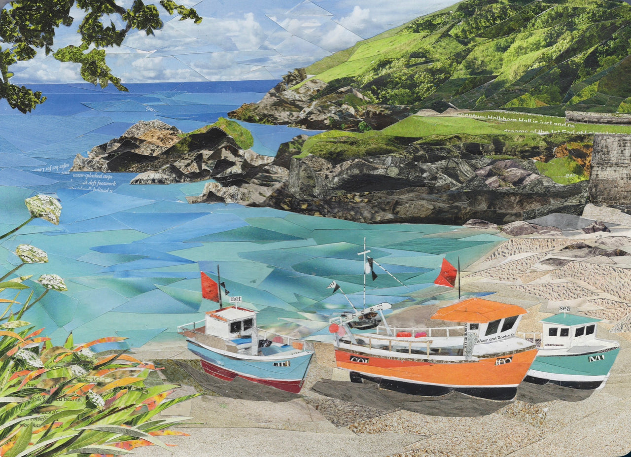 Hand-cut collage artwork of Cadgwith Cove Cornwall featuring colourful fishing boats